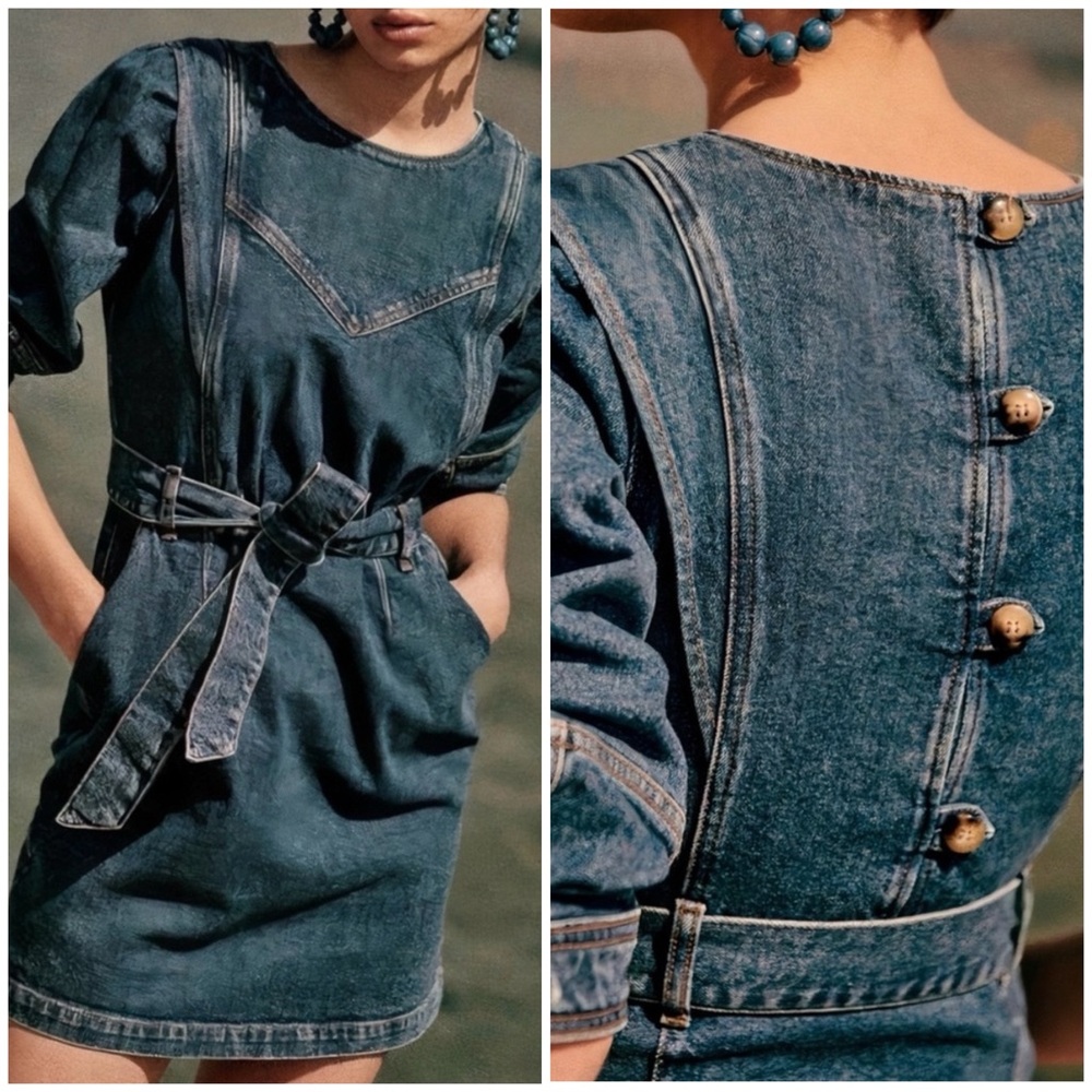 Sezane Indigo Denim Belted Mini Dress